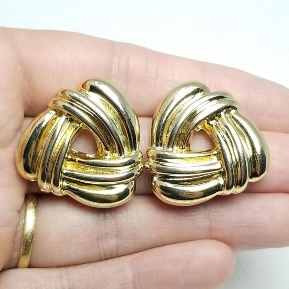 Vintage Gold Tone Triangle Shape Puffy Stud Earrings, Retro 80s Style, Estate - Picture 3 of 5